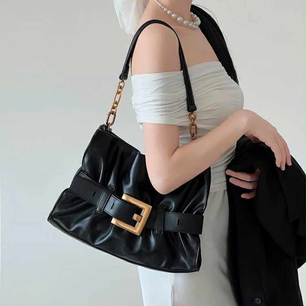 Elegant Super Soft Leather Shoulder Bag with large buckle- Magnetic snap closure
